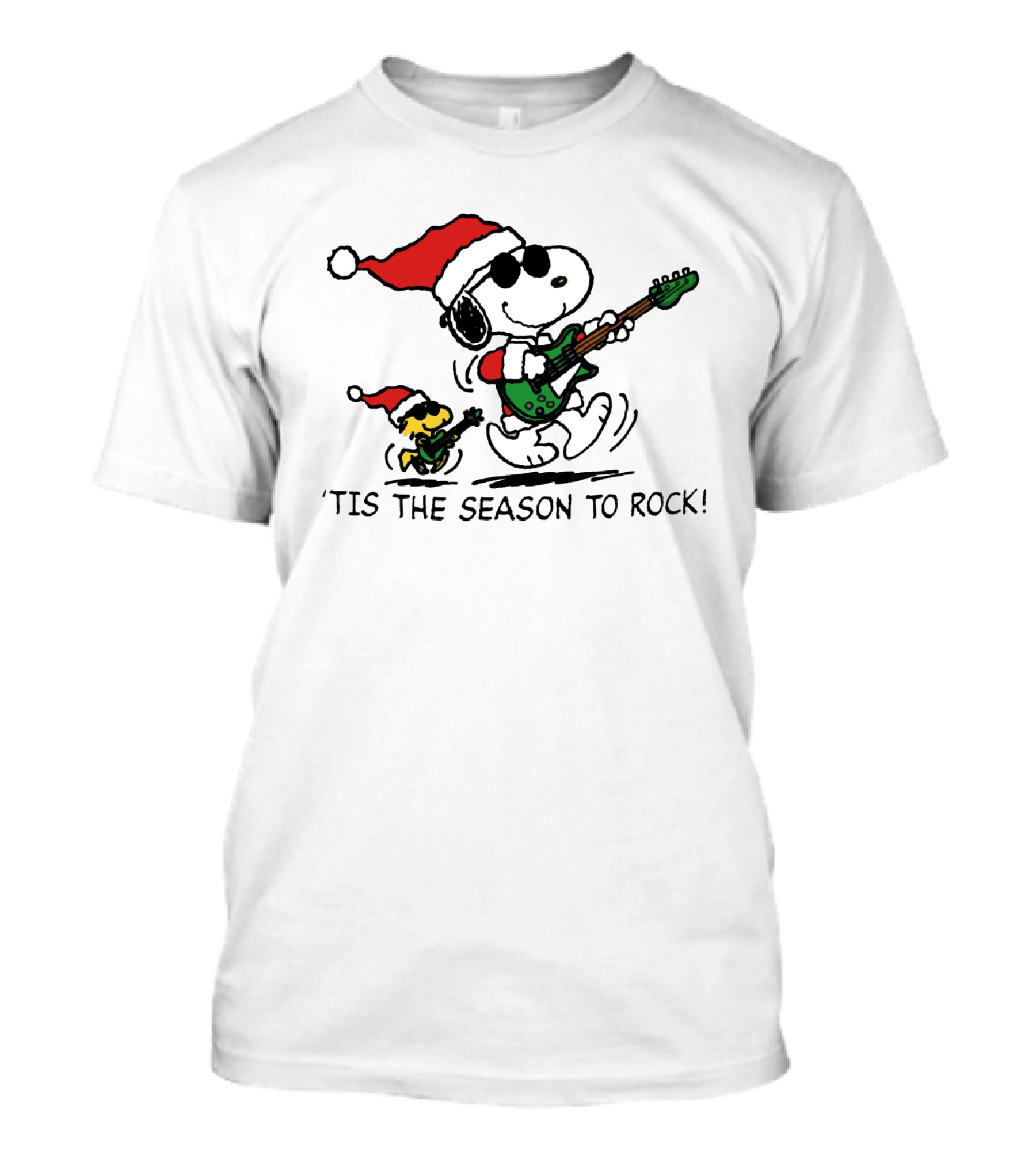 Snoopy And Woodstock Santa Rocking Guitars 'Tis The Season To Rock T-Shirt