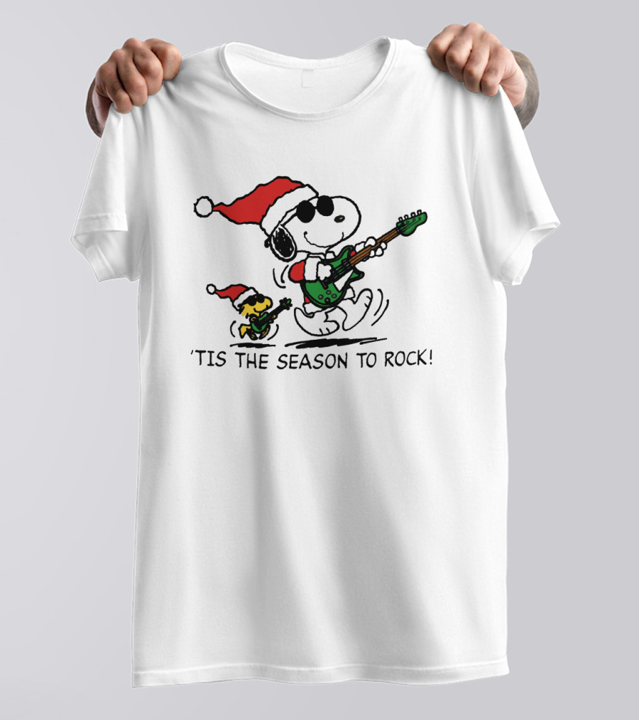 Snoopy And Woodstock Santa Rocking Guitars 'Tis The Season To Rock T-Shirt