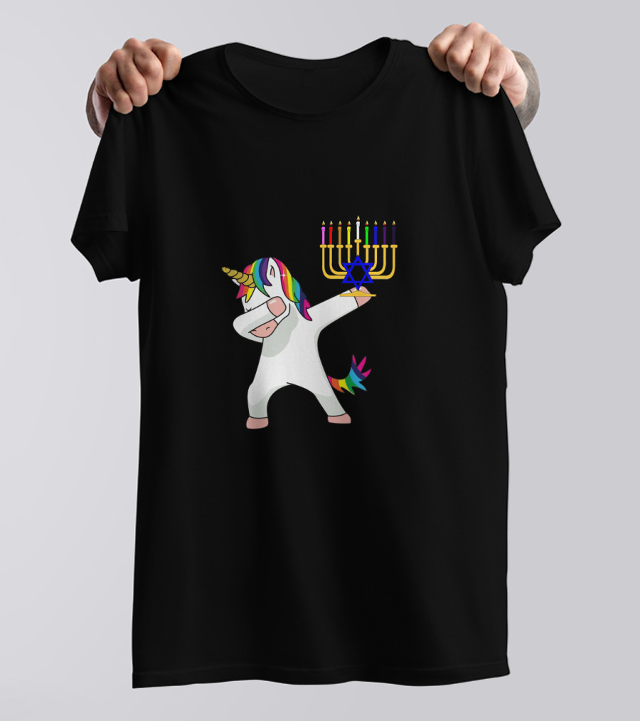 Unicorn Dabbing With Menorah Hanukkah Rainbow Mane And Tail T-Shirt