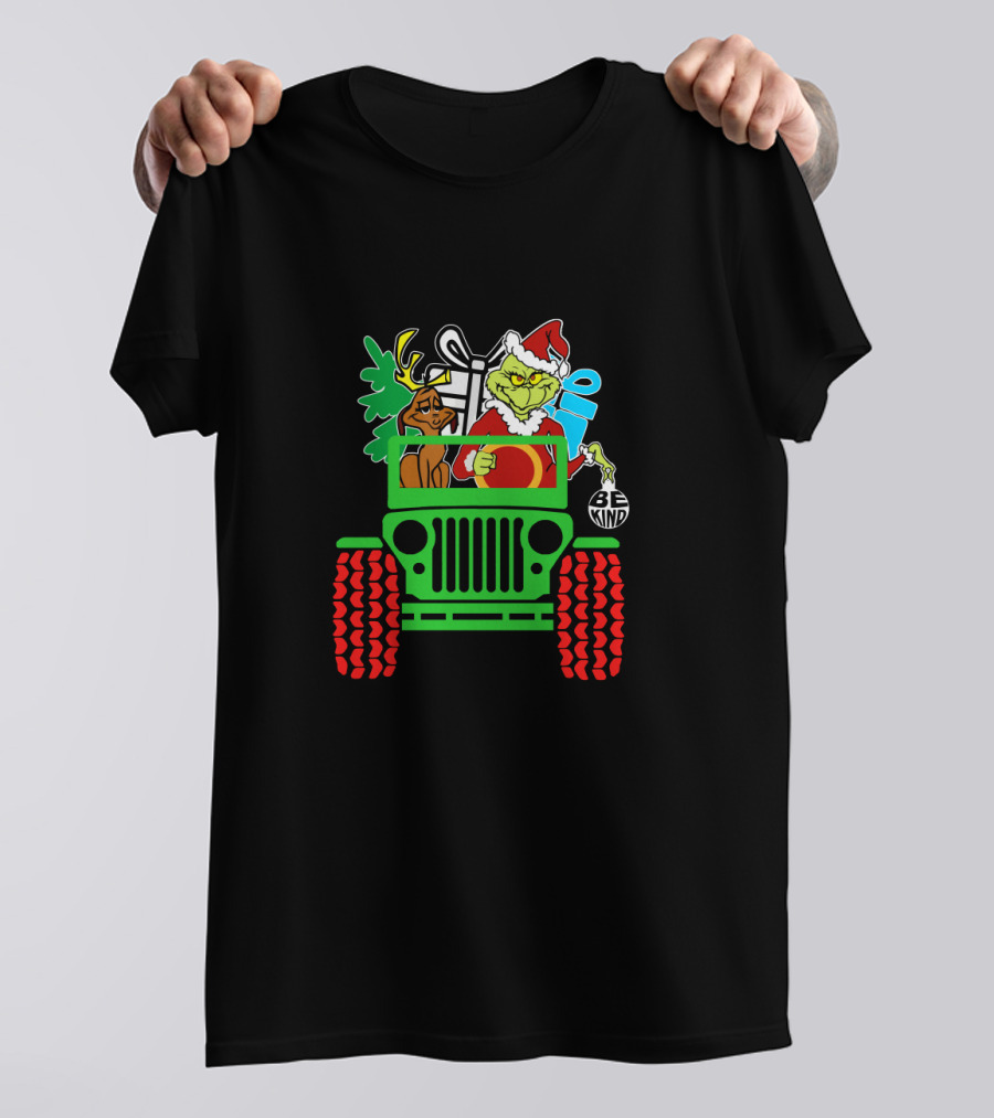 Be Kind Christmas Grinch And Dog In Jeep With Gifts T-Shirt