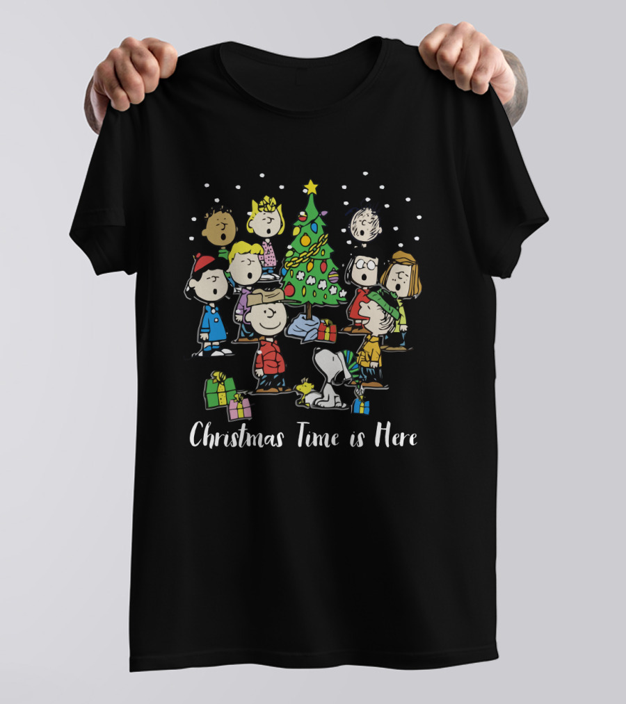 Peanuts Christmas Time Is Here Snoopy And Characters Around Christmas Tree T-Shirt