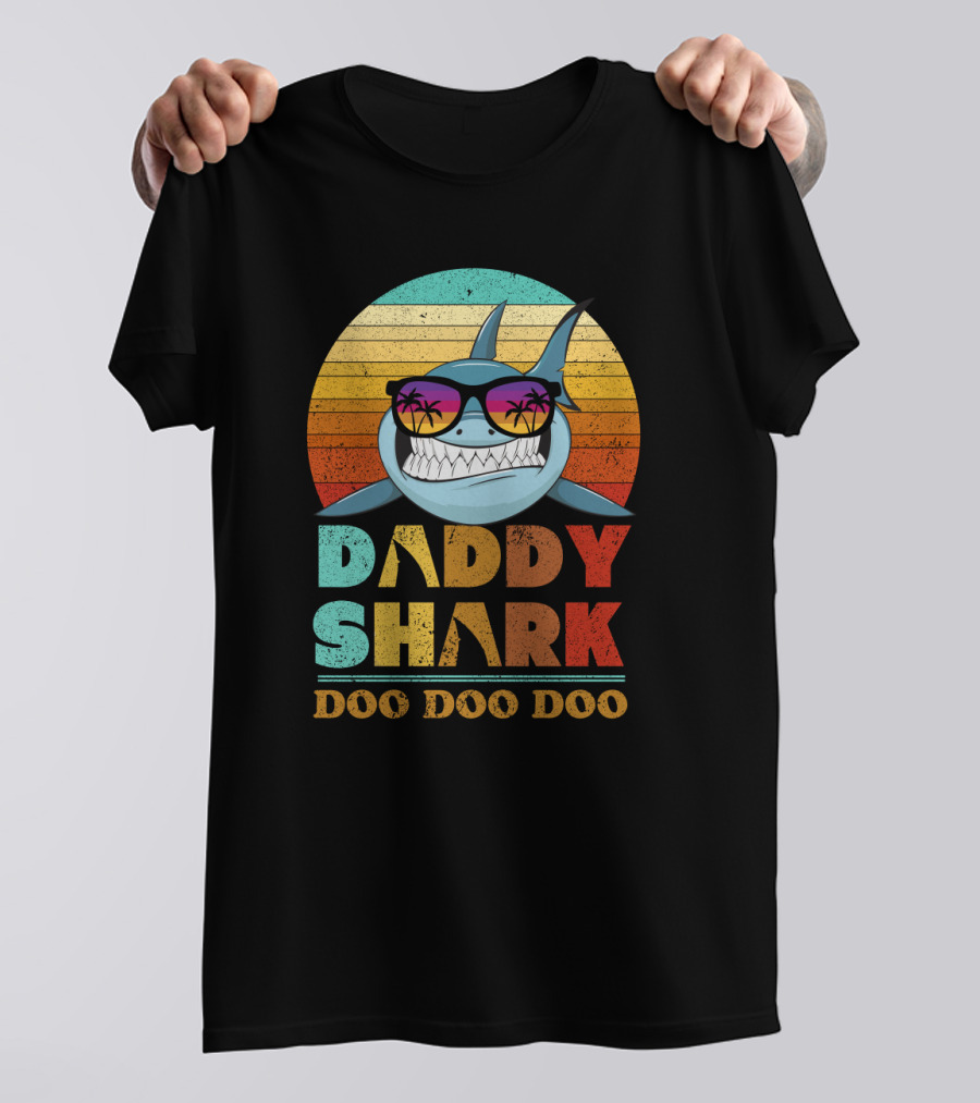 Daddy Shark Doo Doo Doo Retro Sunset Sunglasses Palms Colorful T-Shirt