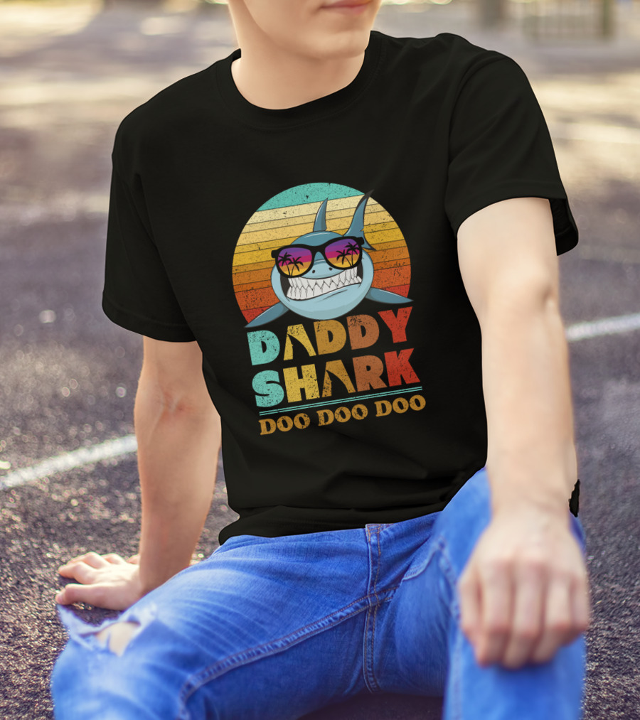 Daddy Shark Doo Doo Doo Retro Sunset Sunglasses Palms Colorful T-Shirt