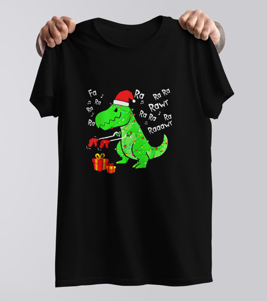 Santa Hat Dinosaur With Christmas Lights And Presents Singing Fa Ra Ra Ra Rawr Raaawr Tree Rex T-Shirt
