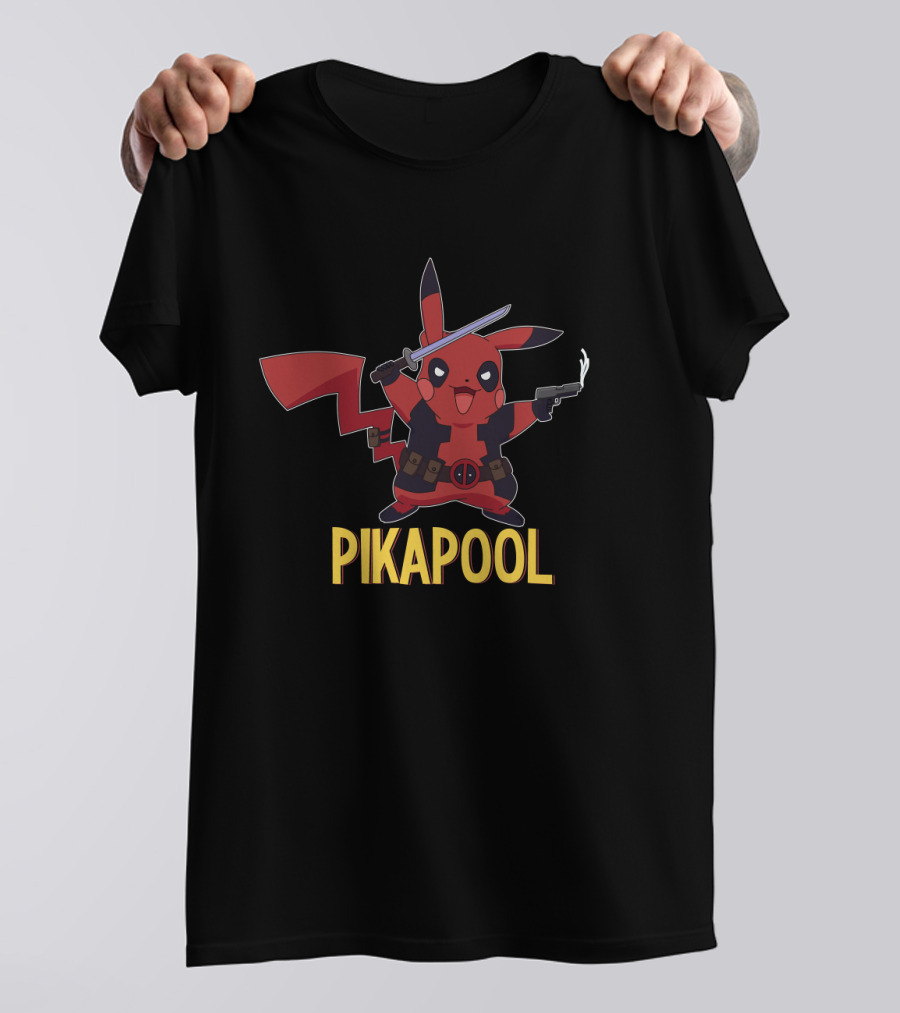 Pikapool Mashup Of Pikachu Deadpool Crossover Character With Sword And Pistol T-Shirt