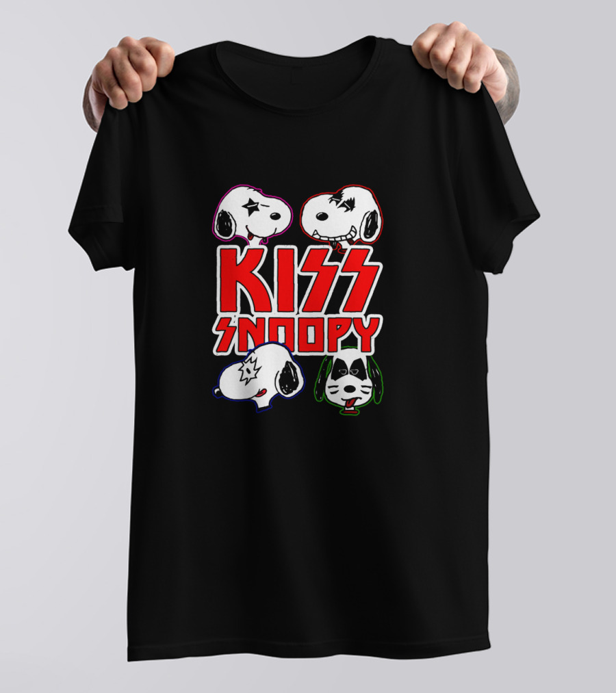 Kiss Snoopy Cartoon Characters Heavy Metal Style Iconic Band Faces T-Shirt