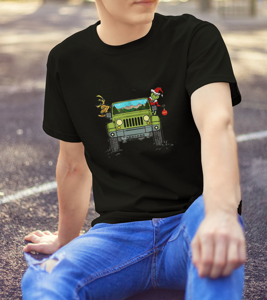 Life Is Good Enjoy The Ride Jeep Grinch Santa Reindeer Christmas T-Shirt