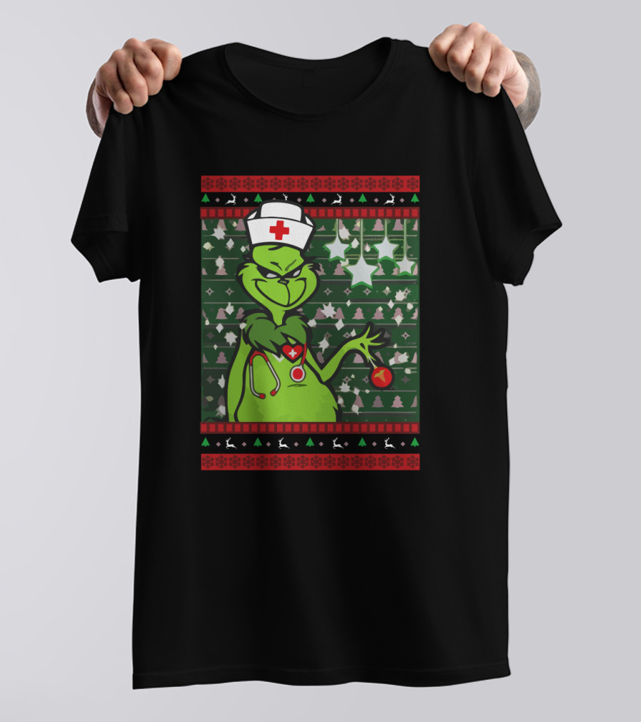 Nurse Ugly Sweater Merry Christmas Grinch With Nurse Hat And Stethoscope T-Shirt