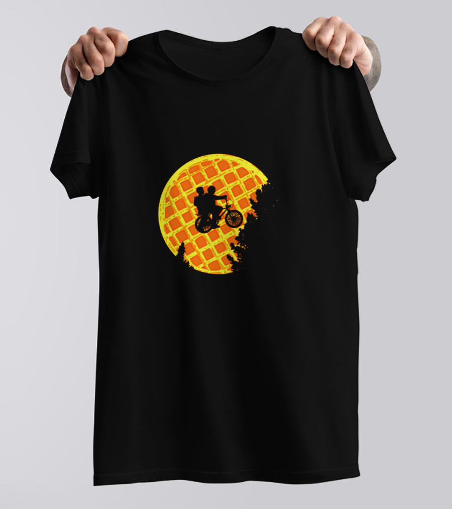 Stranger Things Bicycle Silhouette Against Waffle Moon T-Shirt