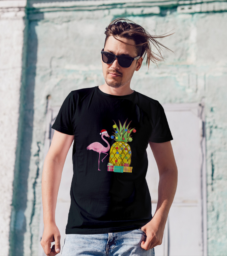 Santa Flamingo Christmas Pineapple With Colorful Ornaments And Holiday Gifts T-Shirt