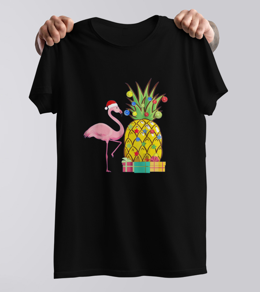 Santa Flamingo Christmas Pineapple With Colorful Ornaments And Holiday Gifts T-Shirt