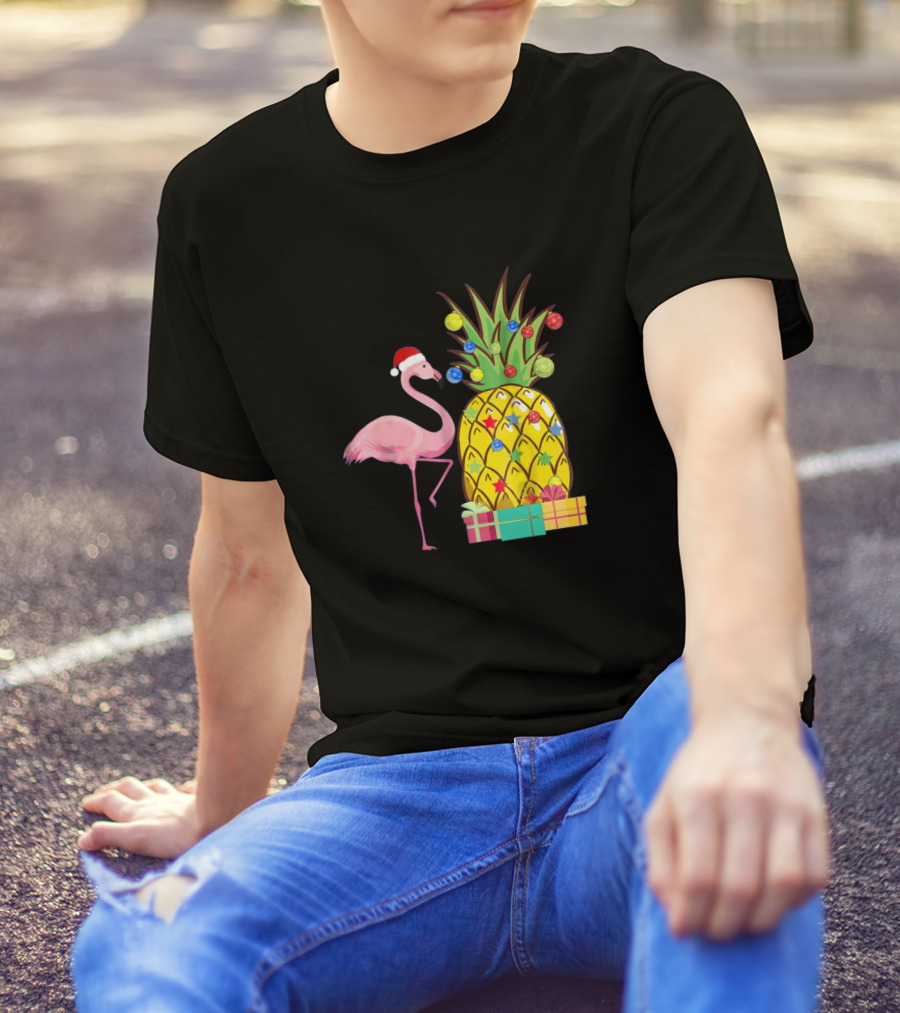 Santa Flamingo Christmas Pineapple With Colorful Ornaments And Holiday Gifts T-Shirt
