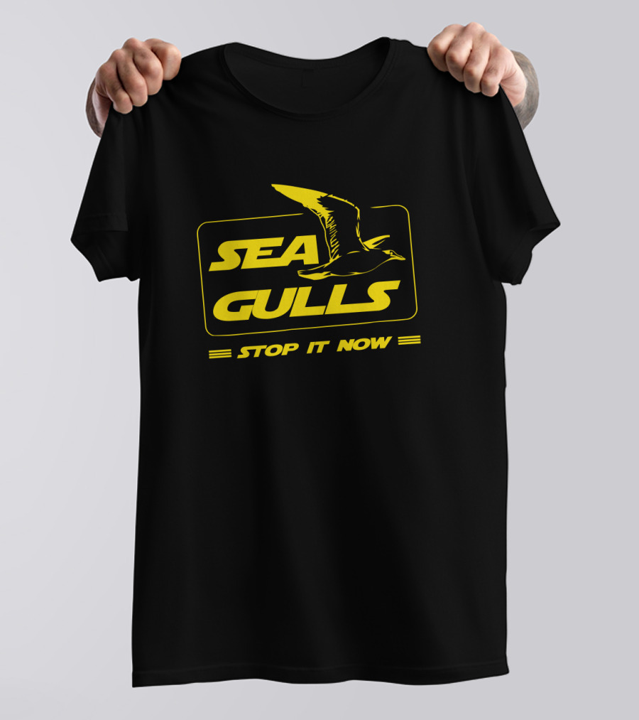 Seagulls Stop It Now Parody With Text In Bold Yellow Box Featuring Bird T-Shirt