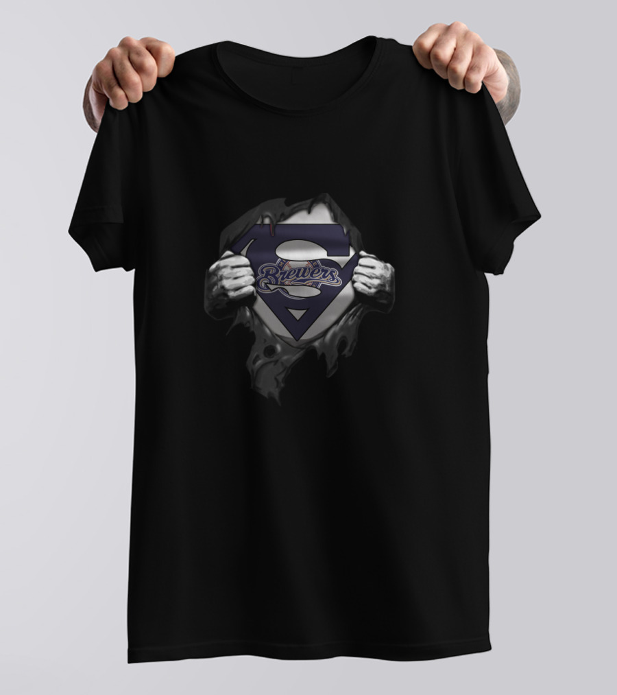 Milwaukee Brewers Superman Crossover Fans Emblem And Logo Fusion T-Shirt