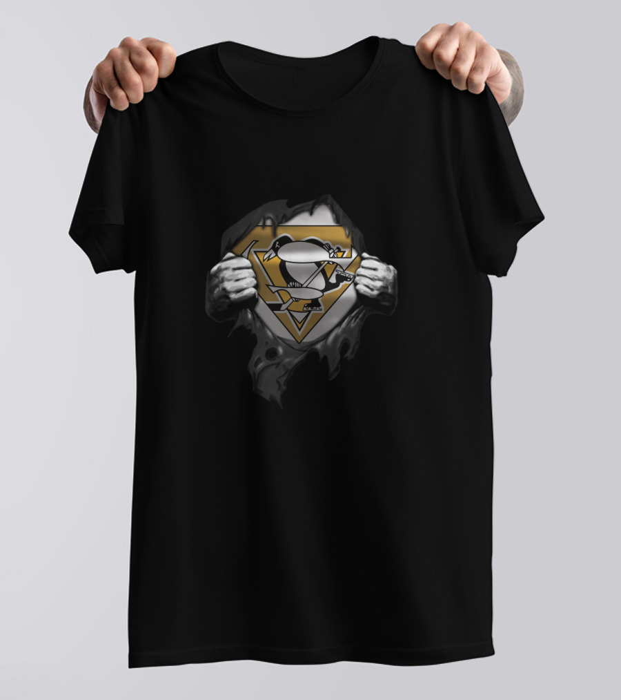 Pittsburgh Penguins Superman Logo Mashup Fan Shirt Design Burst Graphic Display T-Shirt
