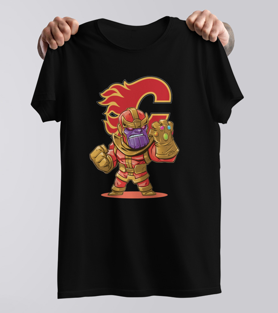Thanos In Calgary Flames Colors With Team Logo Background T-Shirt
