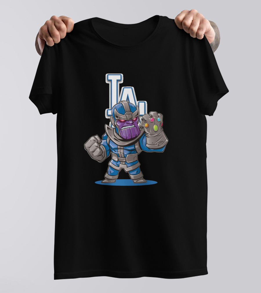 Thanos In Los Angeles Dodgers Colors With Infinity Gauntlet Front Of LA T-Shirt