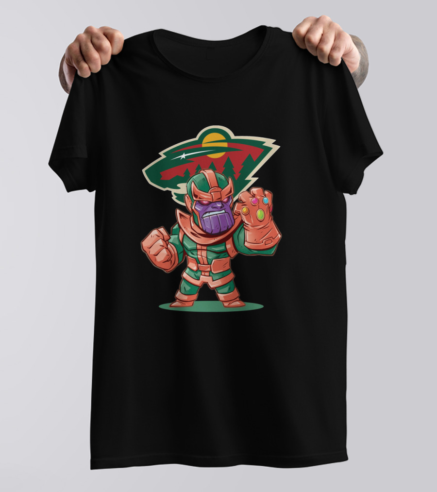 Thanos Cartoon With Infinity Gauntlet And Minnesota Wild Logo Background T-Shirt