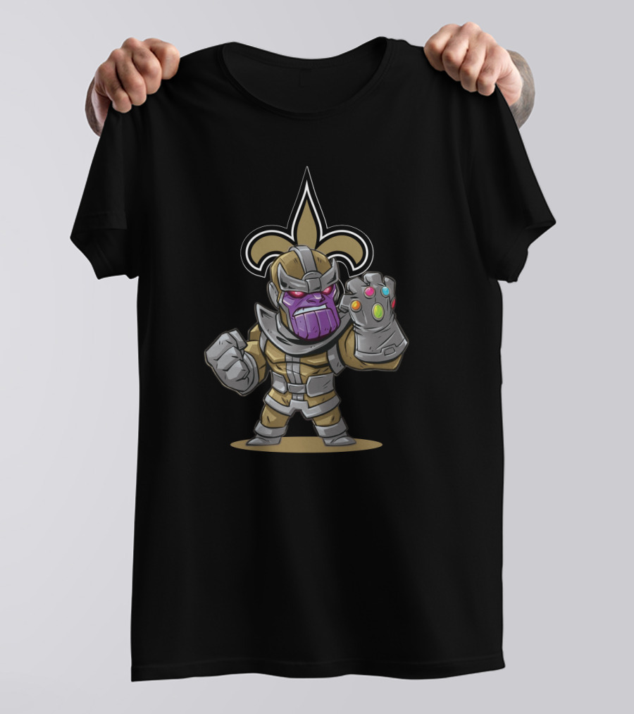 Thanos Holding Infinity Gauntlet With New Orleans Saints Fleur-De-Lis T-Shirt