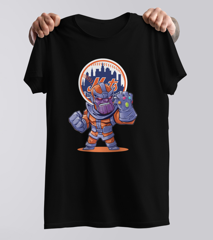 Thanos Wears New York Mets Colors With Infinity Gauntlet And Mets Skyline T-Shirt