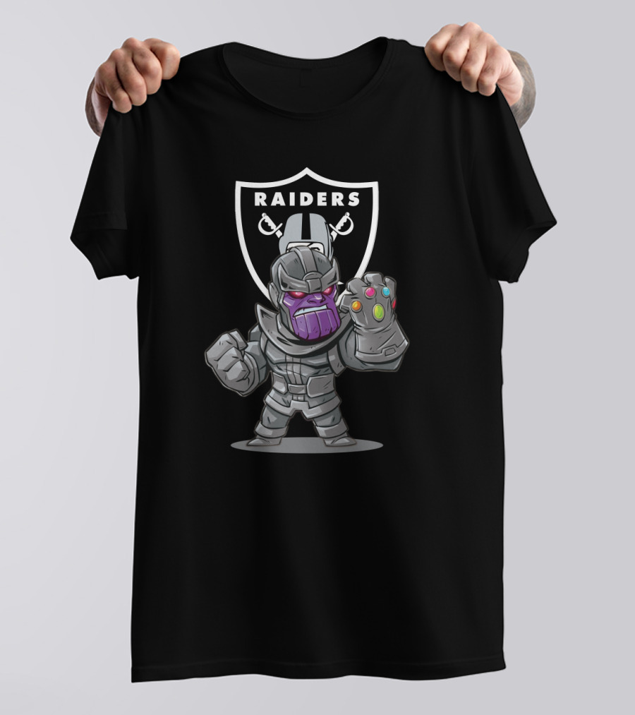 Raiders Shield With Thanos Character Holding Infinity Gauntlet T-Shirt