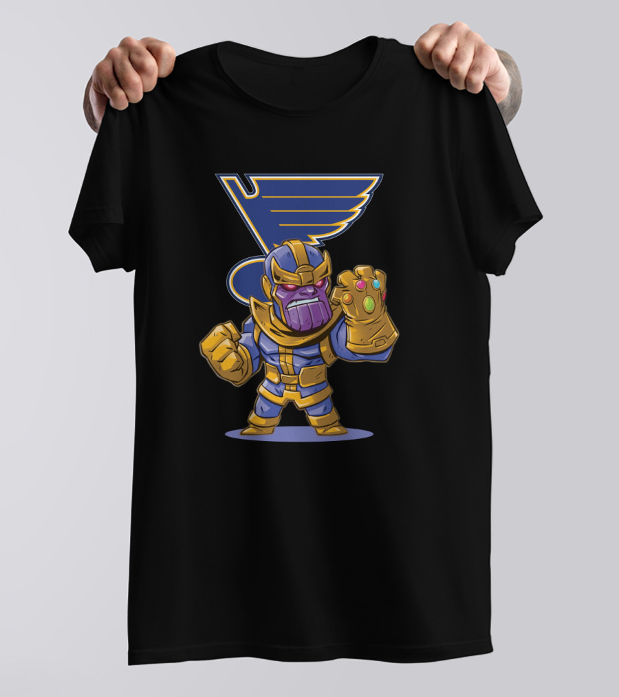 Thanos Holding Infinity Gauntlet With St. Louis Blues Hockey Team T-Shirt