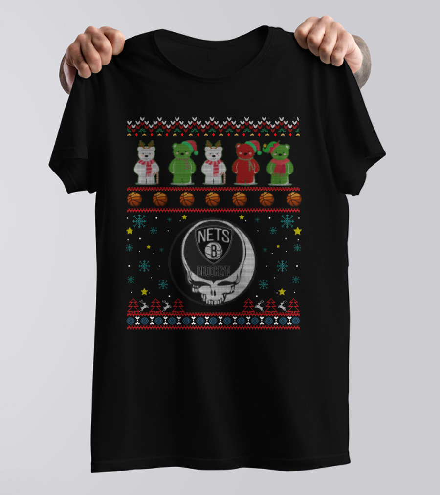 Brooklyn Nets Grateful Dead Bears Christmas Basketball T-Shirt