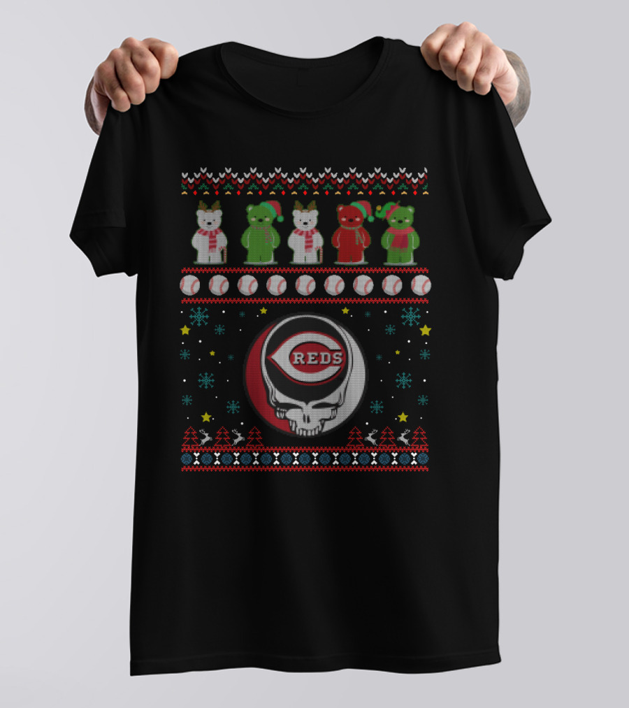 Cincinnati Reds Grateful Dead Dancing Bears Baseball Skull Holiday T-Shirt