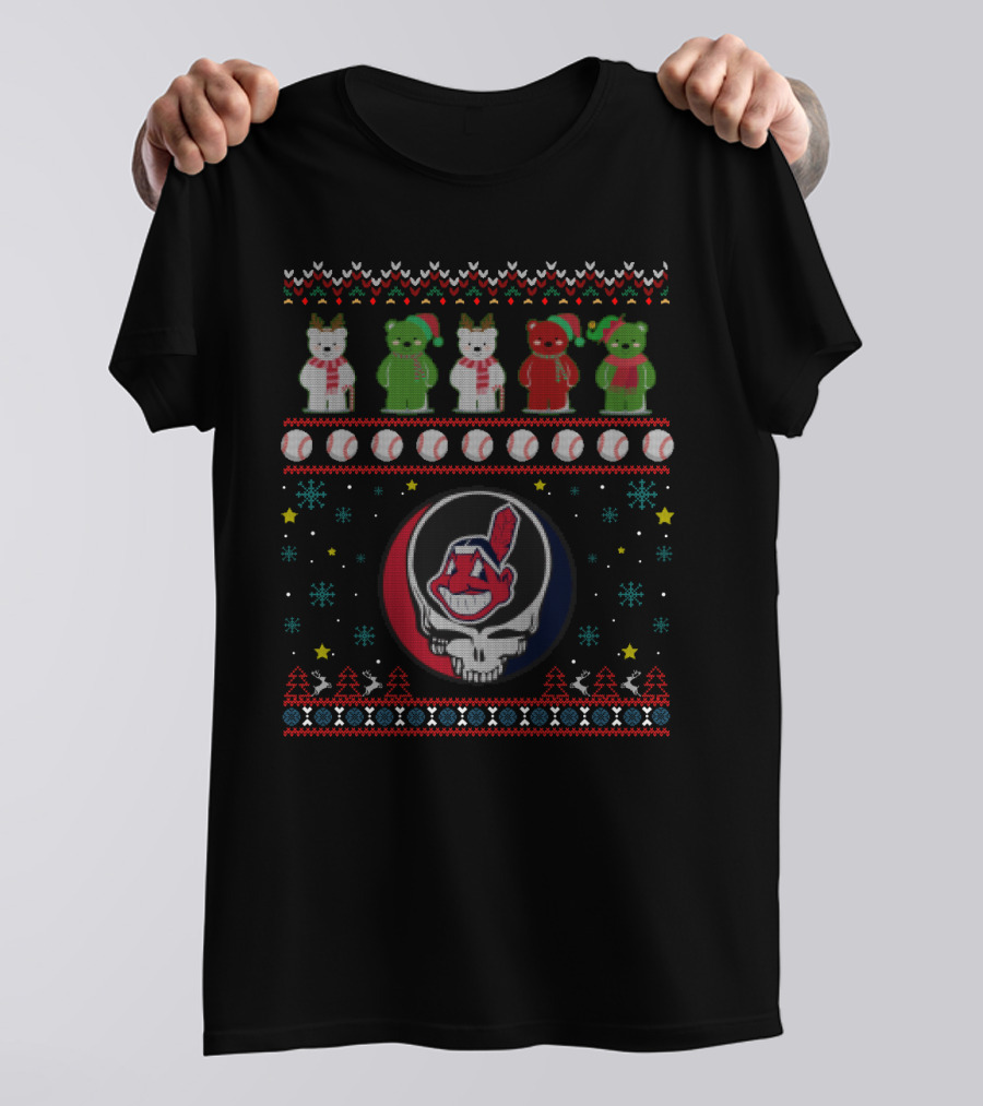 Cleveland Indians Grateful Dead Bears Ugly Christmas Sweater Baseball T-Shirt