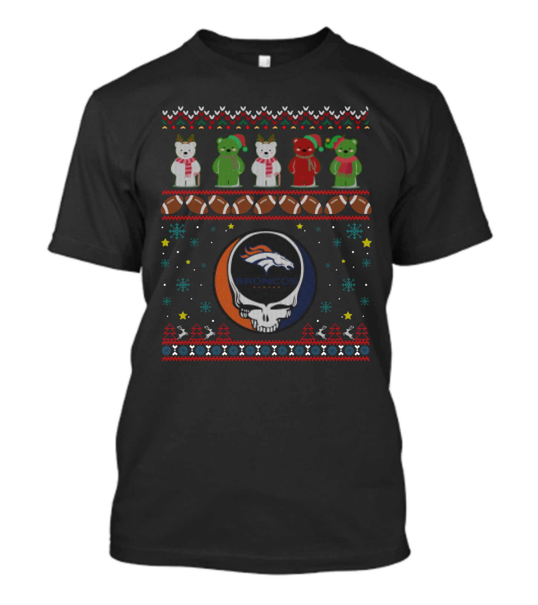Denver Broncos Nfl Grateful Dead Bears Christmas Sweater Ugly Xmas Holiday T-Shirt