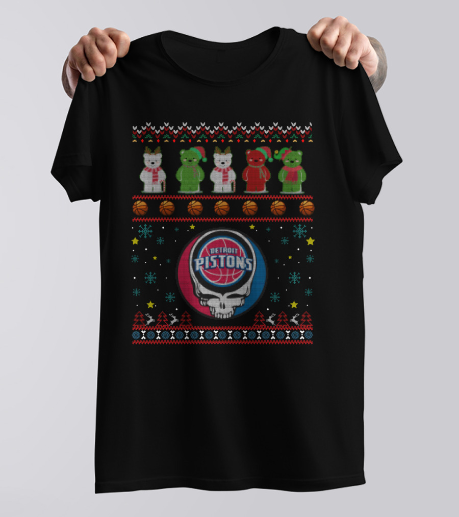 Detroit Pistons Grateful Dead Bears Xmas Sweater Logos T-Shirt