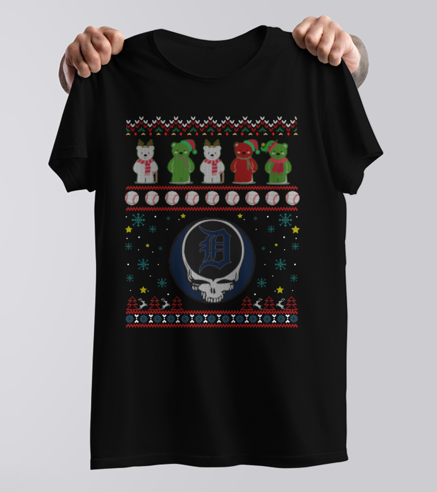 Detroit Tigers Bears Grateful Dead Ugly Christmas Sweater Baseball T-Shirt