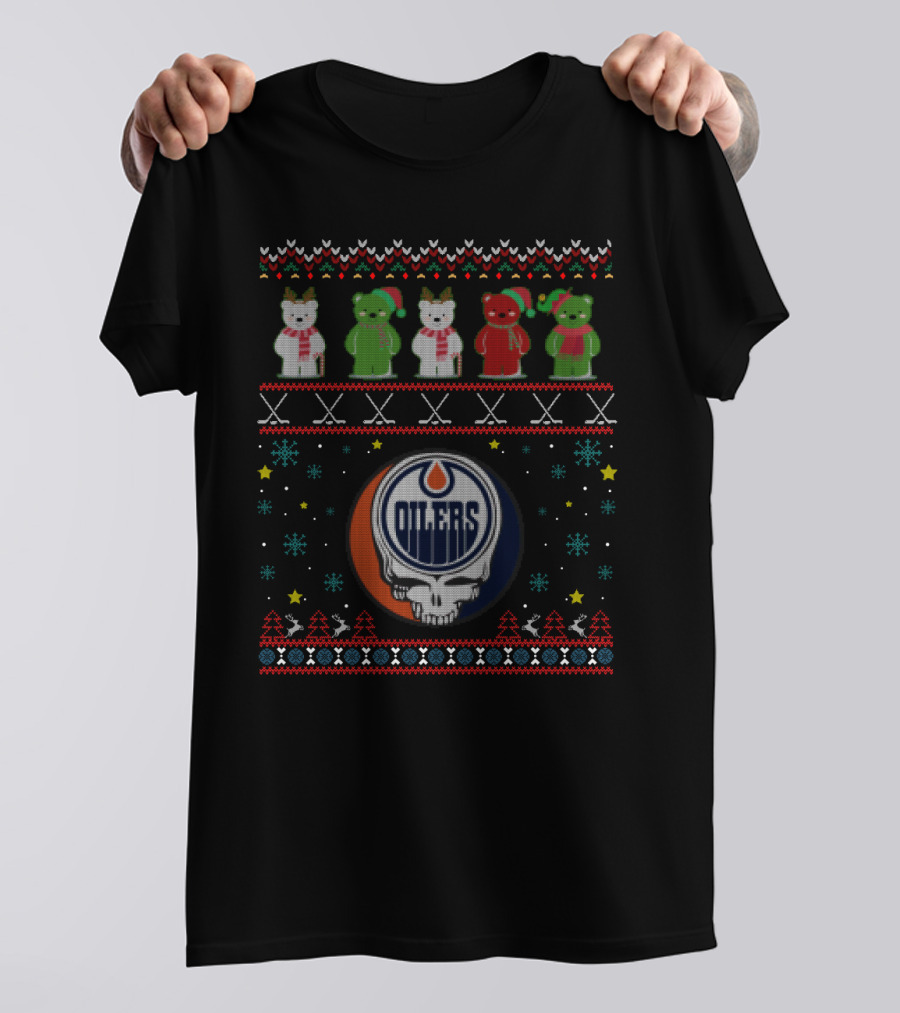 Edmonton Oilers Grateful Dead Bears Festive Knit T-Shirt