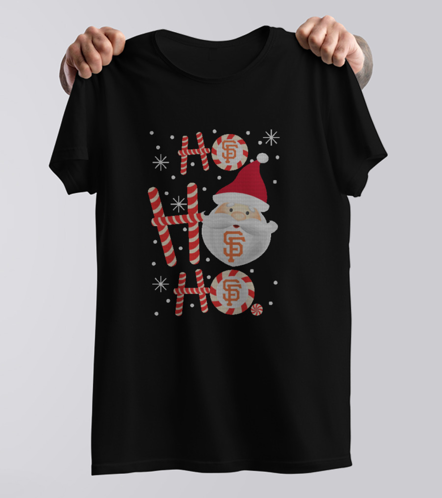 Ho Ho Ho Christmas San Francisco Giants Fans Santa Hat Candy Cane Snowflakes T-Shirt