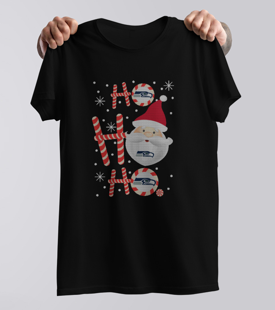 Ho Ho Ho Christmas Santa Seattle Seahawks Fans Candy Cane Snowflakes T-Shirt