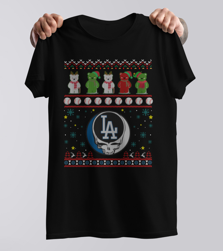 Los Angeles Dodgers Grateful Dead Bears Christmas Baseball T-Shirt
