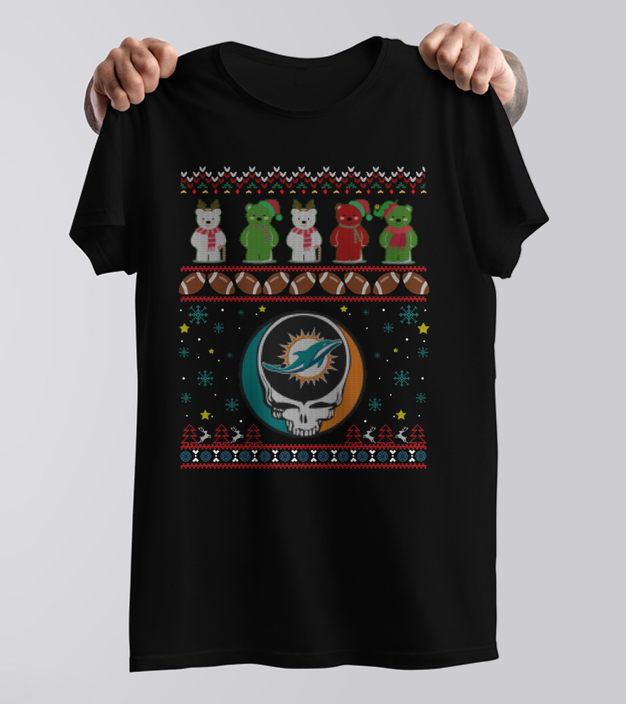 Miami Dolphins Grateful Dead Bears Christmas Football T-Shirt