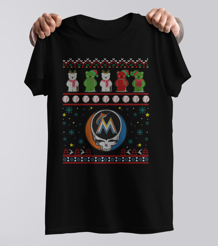 Miami Marlins Grateful Dead Bears Holiday Baseball Mashup T-Shirt