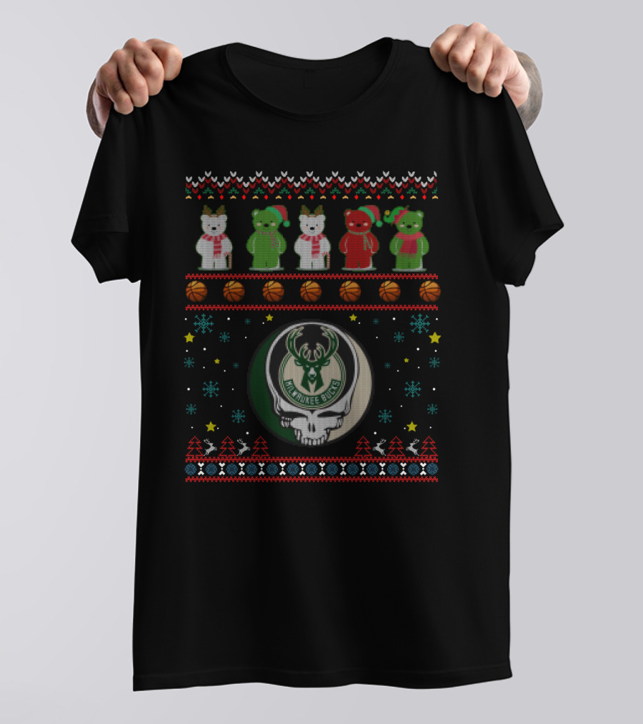 Milwaukee Bucks Grateful Dead Bears Christmas Sweater Style T-Shirt