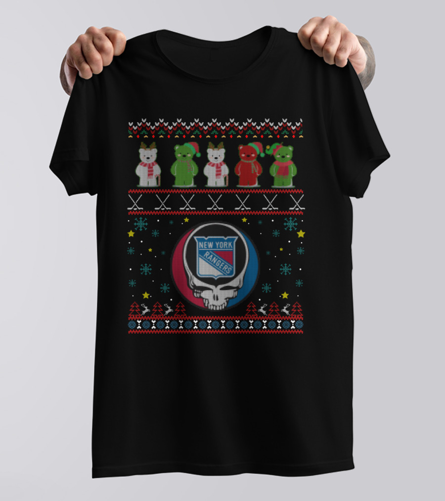 New York Rangers Grateful Dead Bears Holiday Sweater Motif T-Shirt