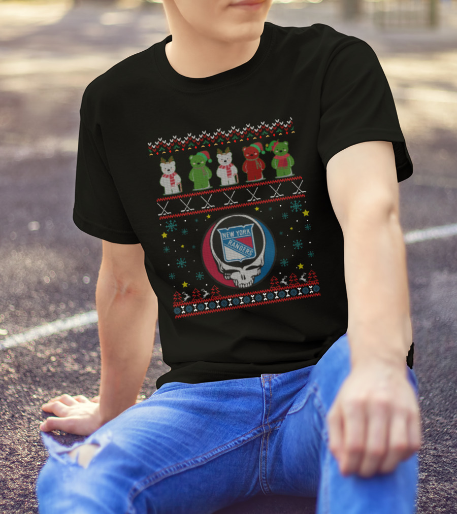 New York Rangers Grateful Dead Bears Holiday Sweater Motif T-Shirt