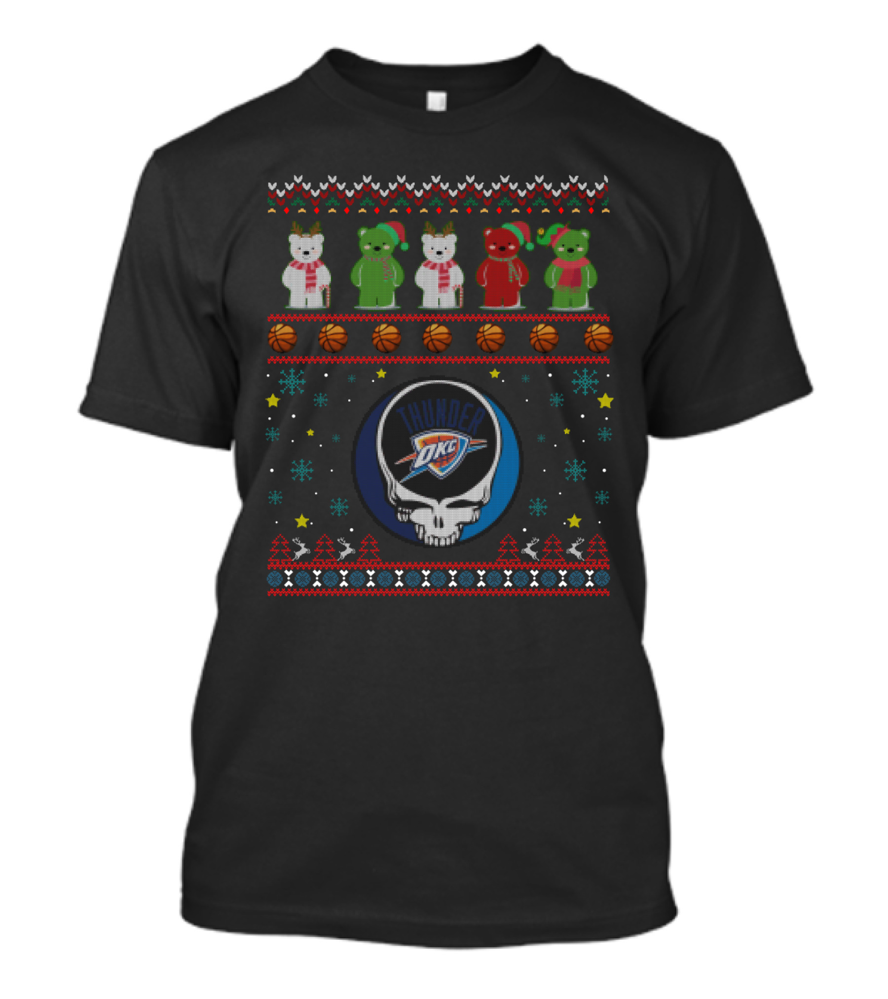 Okc Thunder Christmas Bears Grateful Dead Skulls T-Shirt