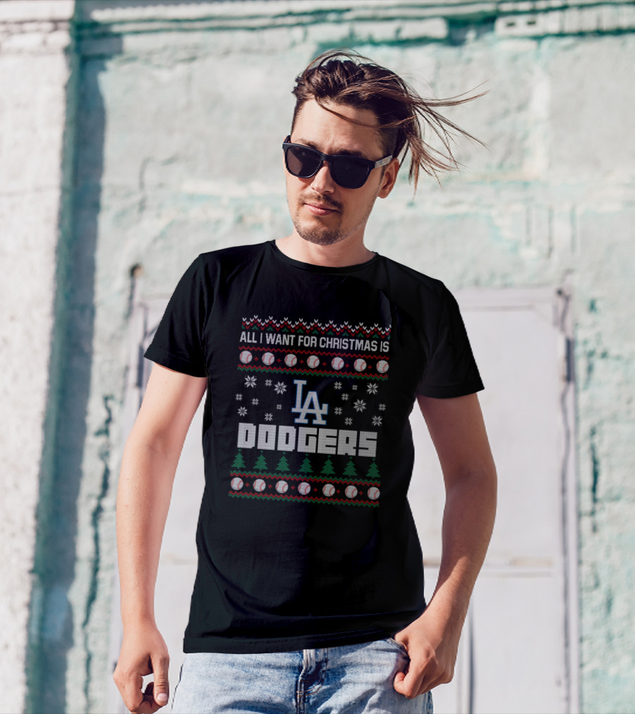 Los Angeles Dodgers Ugly Christmas Sweater Design For Fans With Baseballs And Holiday Trees T-Shirt