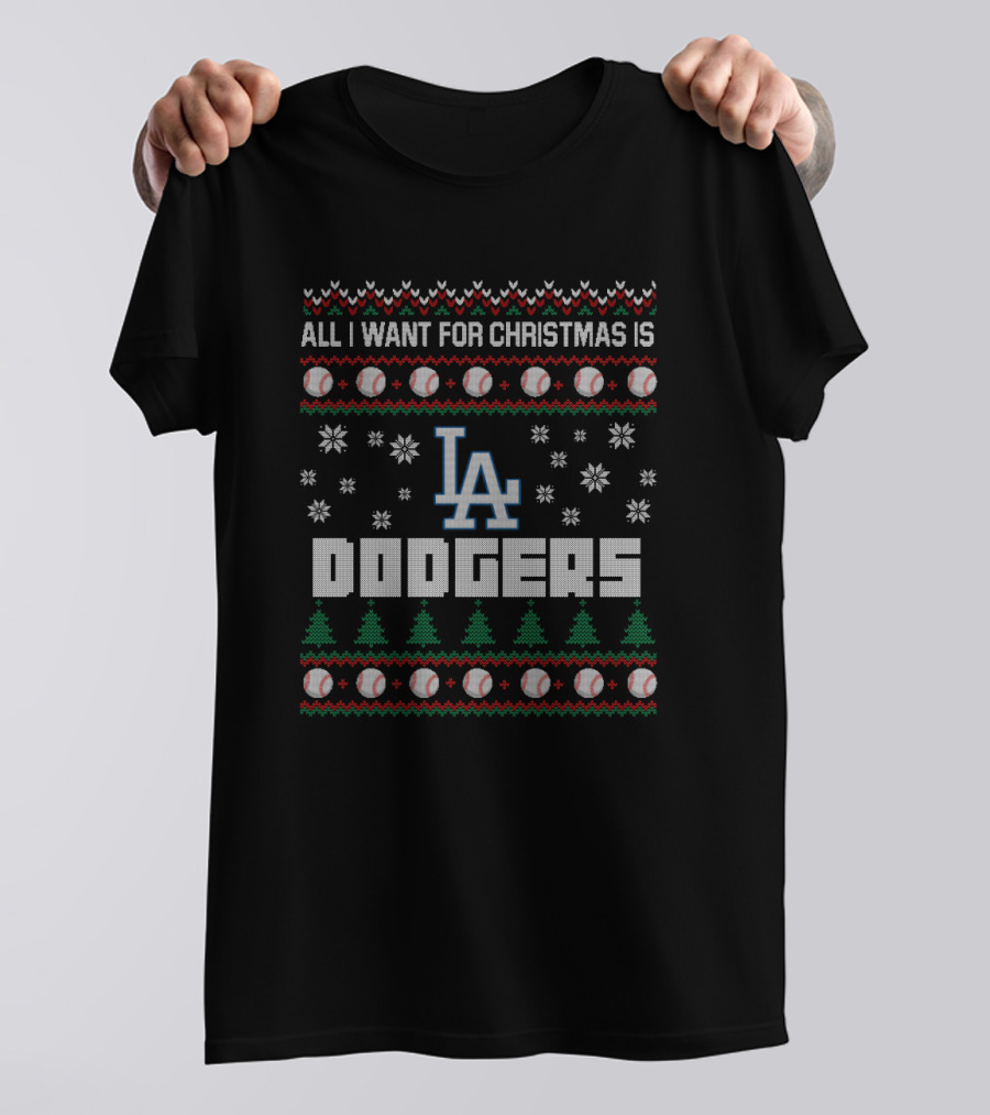 Los Angeles Dodgers Ugly Christmas Sweater Design For Fans With Baseballs And Holiday Trees T-Shirt