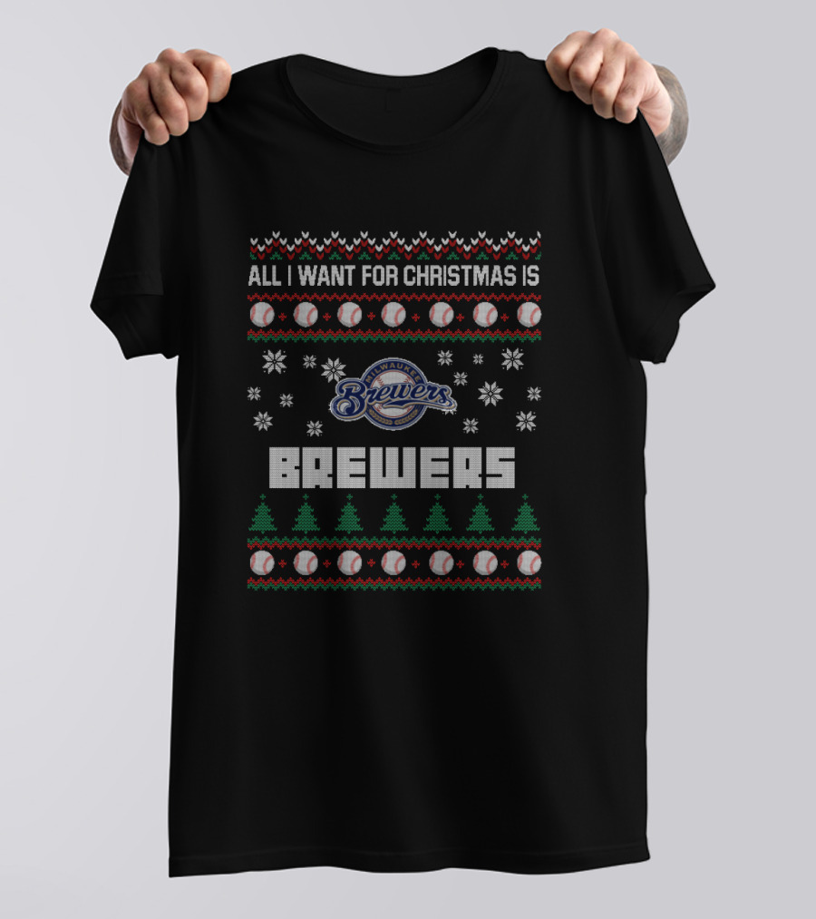 All I Want For Christmas Is Milwaukee Brewers Snowflakes Baseball Tree T-Shirt