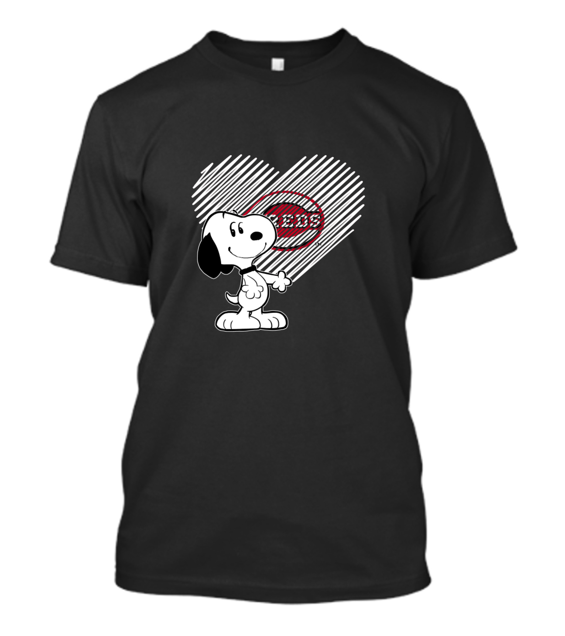 Snoopy Heart Cincinnati Reds Logo In Black And White With Red Accents T-Shirt