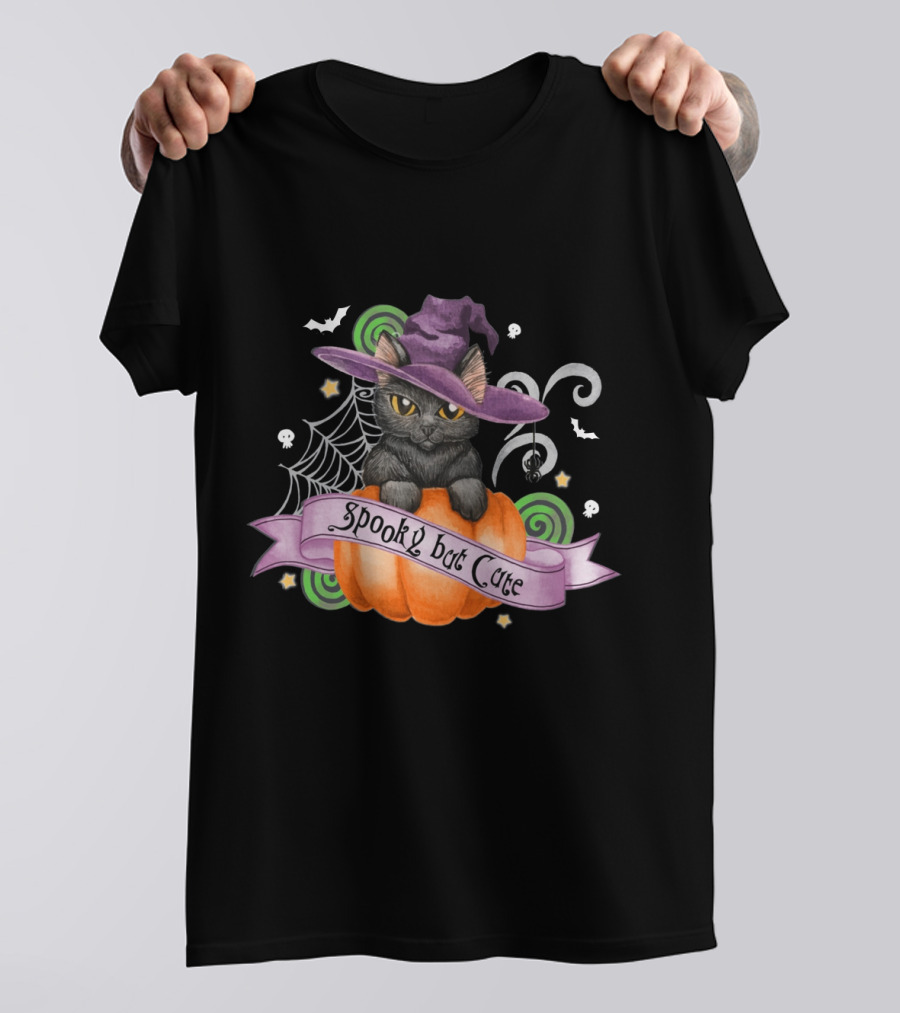 Spooky But Cute Cat Halloween Witch Hat Pumpkin Spiderweb Bats Skulls T-Shirt