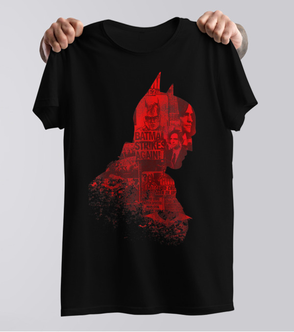 Batman Strikes Again Silhouette Collage Newspaper Headlines T-Shirt