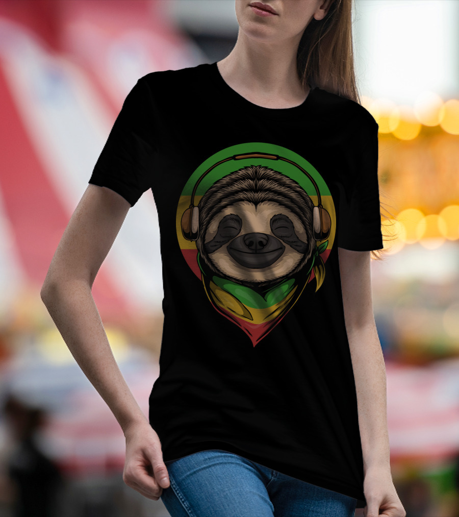 Sloth Rasta Headphones Rasta Colors T-Shirt