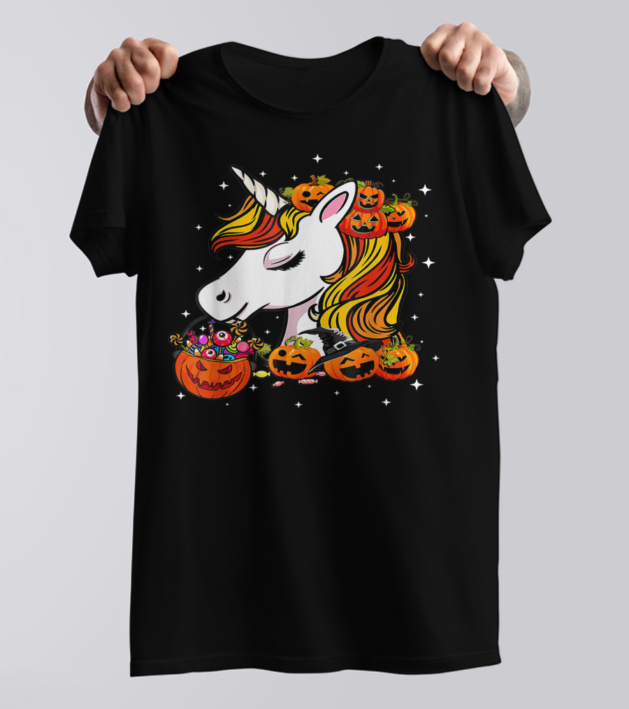 Candy Corn Unicorn Surrounded By Jack-O-Lanterns And Candy-Eyed Treats Halloween T-Shirt